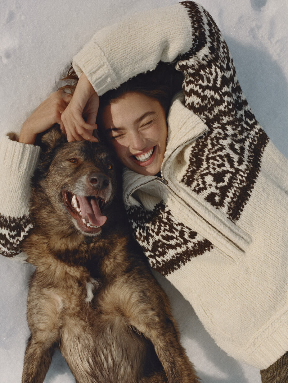 A dog sleeping beside its owner while smiling.