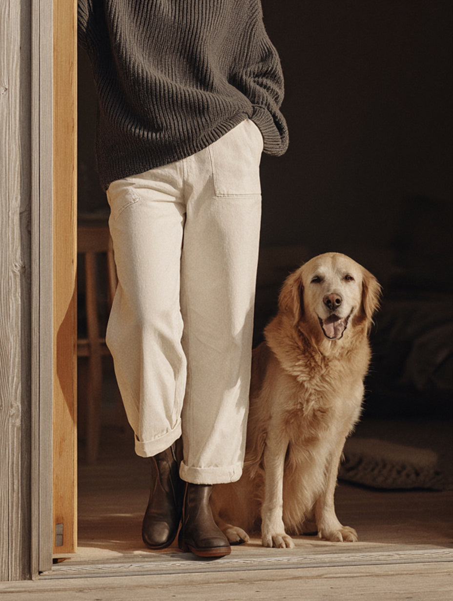 An image of a dog standing by its owner 