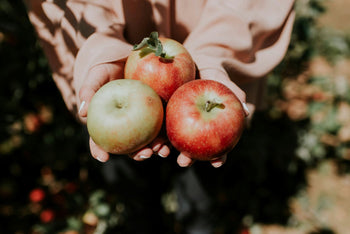 An image of a person holding up some apples